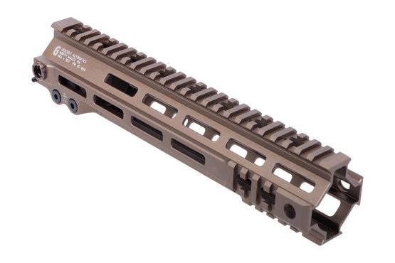 Picatinny rail sections and M-LOK slots on the Geissele Super Modular Handguard